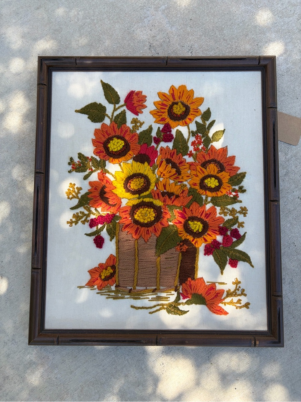 Vintage Hand-Embroidered Sunflower Bouquet Wall Art - Orange & Yellow